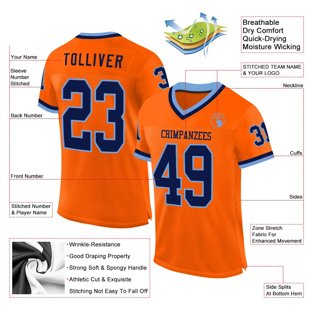 Custom Orange Navy-Light Blue Mesh Authentic Throwback Football Jersey