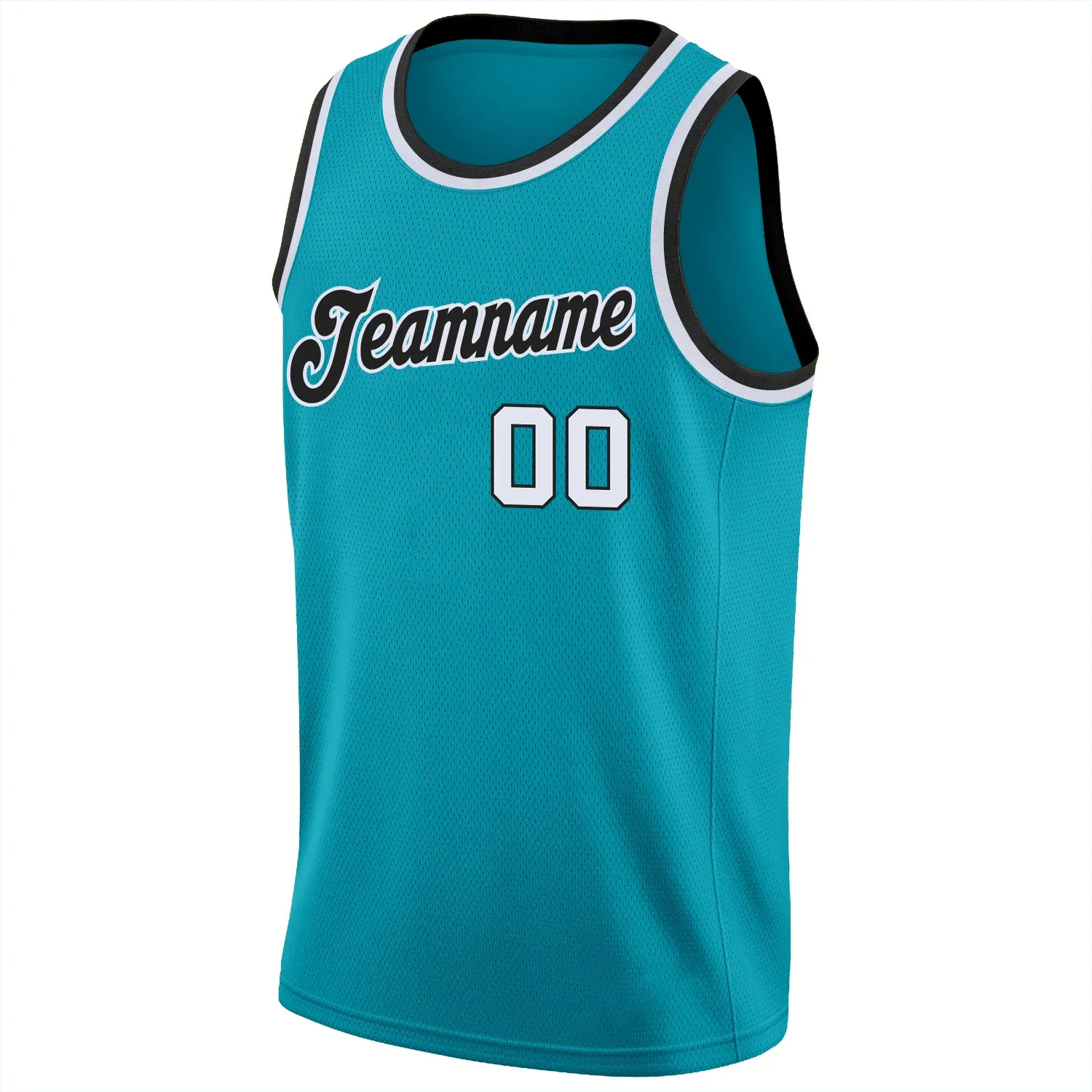 Custom Teal White-Black Round Neck Rib-Knit Basketball Jersey