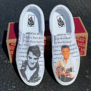 Custom Vans Shoes - Elvis Presley Custom Shoes - White Slip Ons