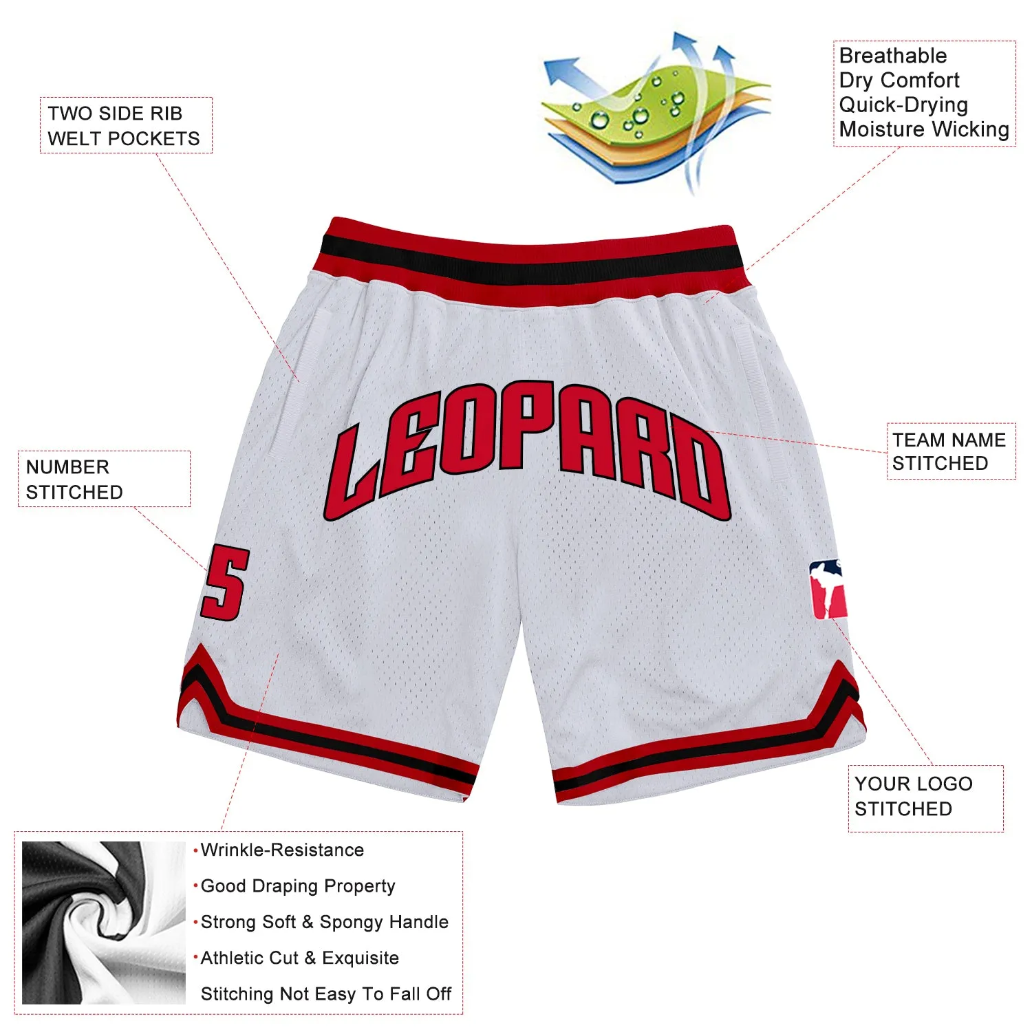 Custom White Red-Black Authentic Throwback Basketball Shorts