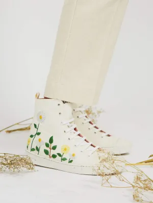 Daisies Garden Vegan Leather Hugh Top Sneakers | White & Green