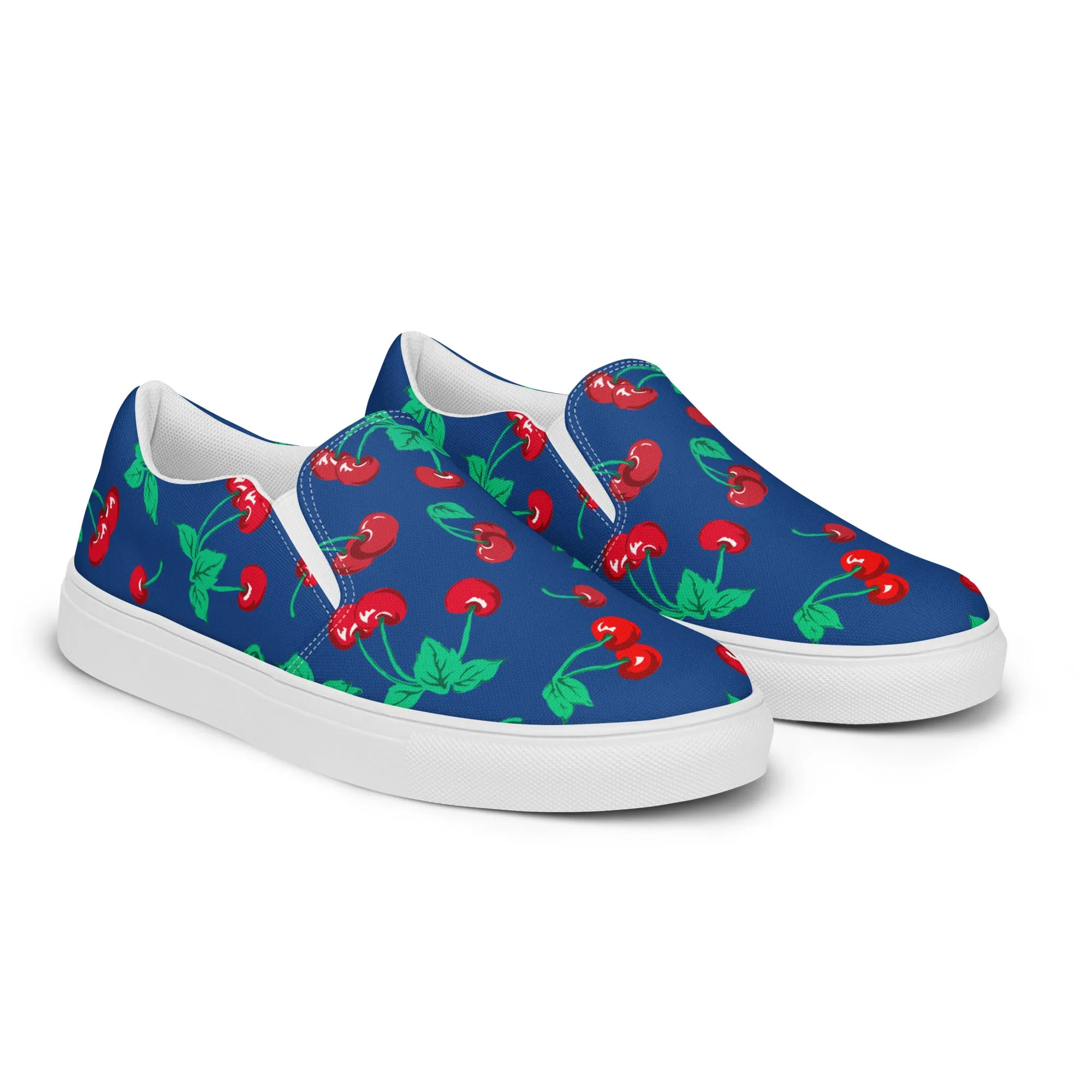 Dark Blue Cherry Girl Cherry Print Women’s Canvas Slip-On Deck Shoes | Pinup Couture Relaxed