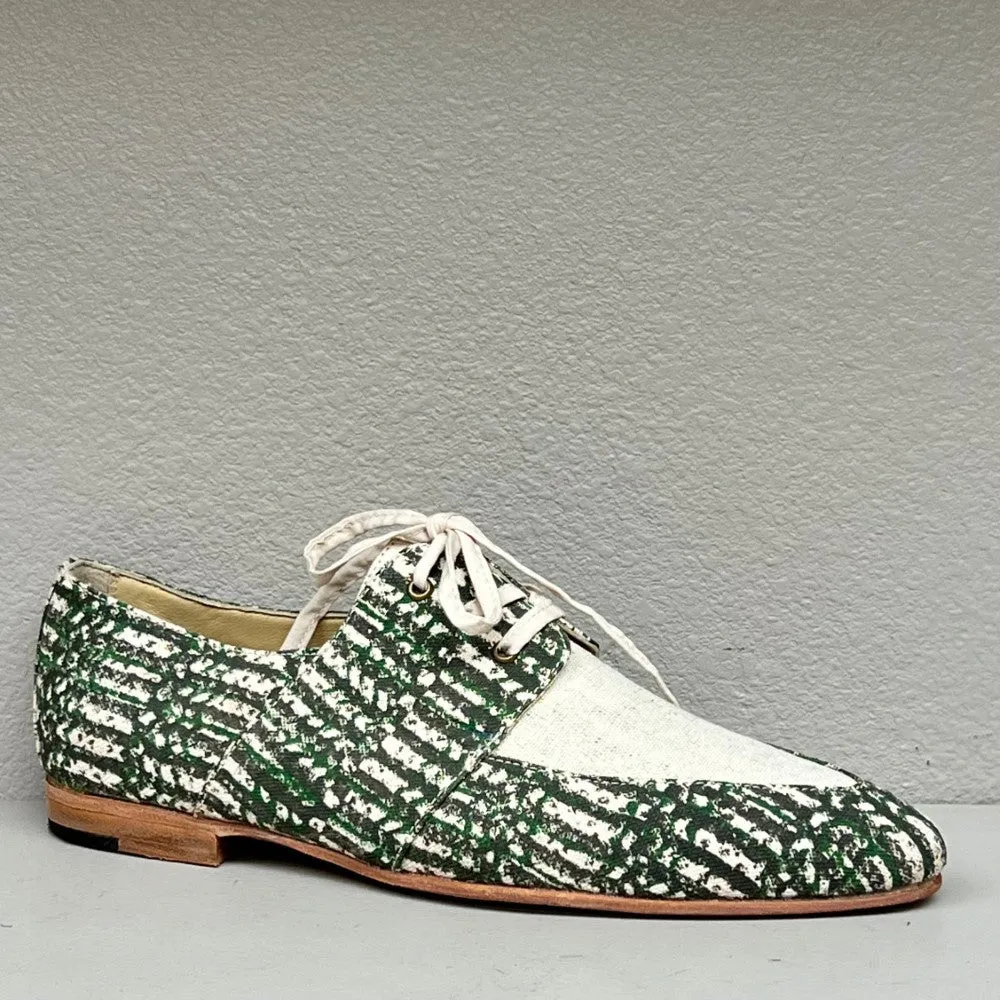 Derby- lace up/ 2 tone multi colored green-off white canvas/ leather sole