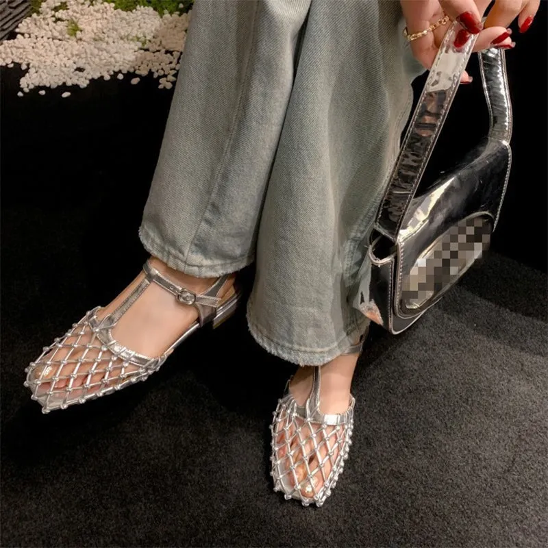 Designer Summer Shoes Genuine Leather Gladiator Sandals Knit Retro Flats Golden/Silver