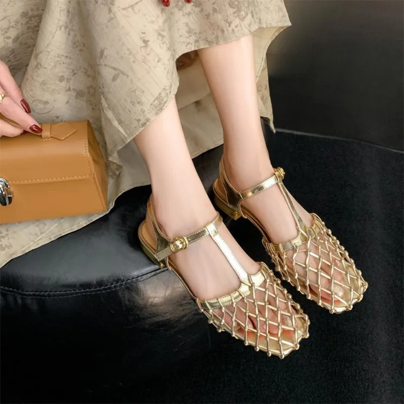 Designer Summer Shoes Genuine Leather Gladiator Sandals Knit Retro Flats Golden/Silver