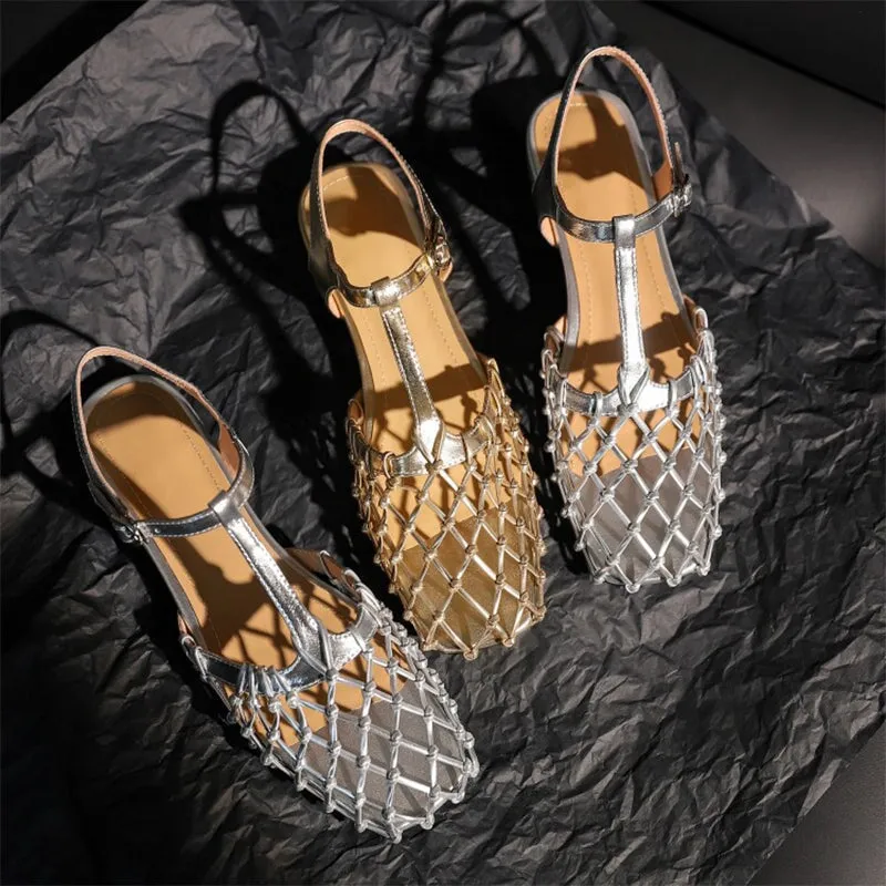 Designer Summer Shoes Genuine Leather Gladiator Sandals Knit Retro Flats Golden/Silver