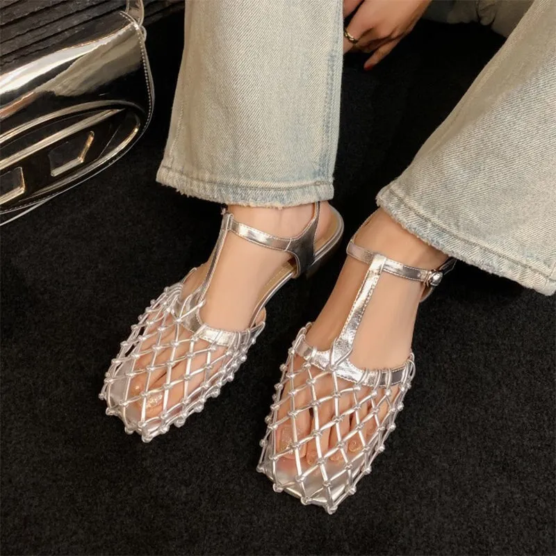 Designer Summer Shoes Genuine Leather Gladiator Sandals Knit Retro Flats Golden/Silver