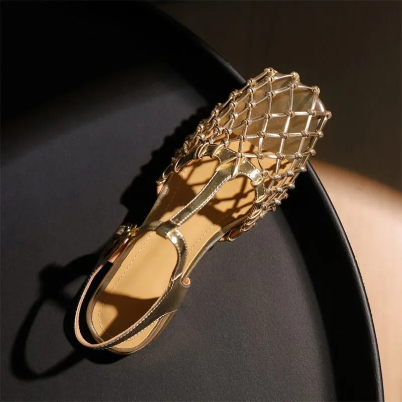 Designer Summer Shoes Genuine Leather Gladiator Sandals Knit Retro Flats Golden/Silver