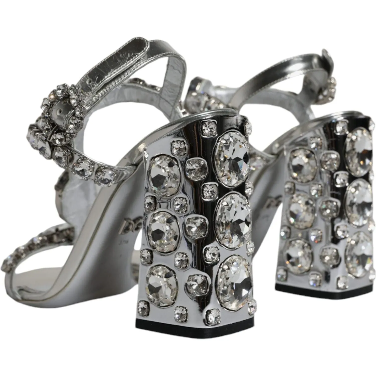 Dolce & Gabbana Silver Leather T-strap Crystal Sandals Shoes