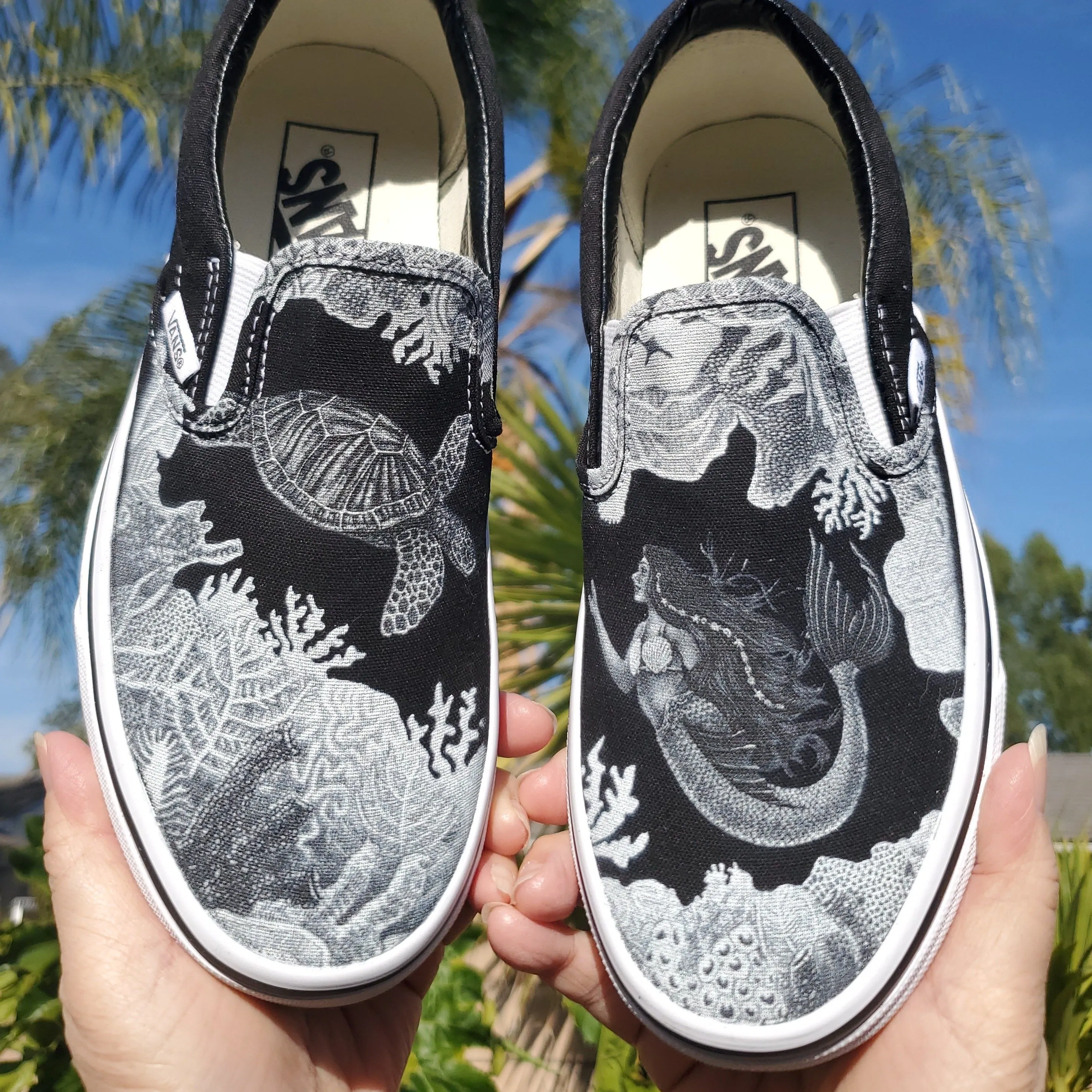 Dream of a Reef Slip On Vans - Black & White Vans - Custom Vans Shoes