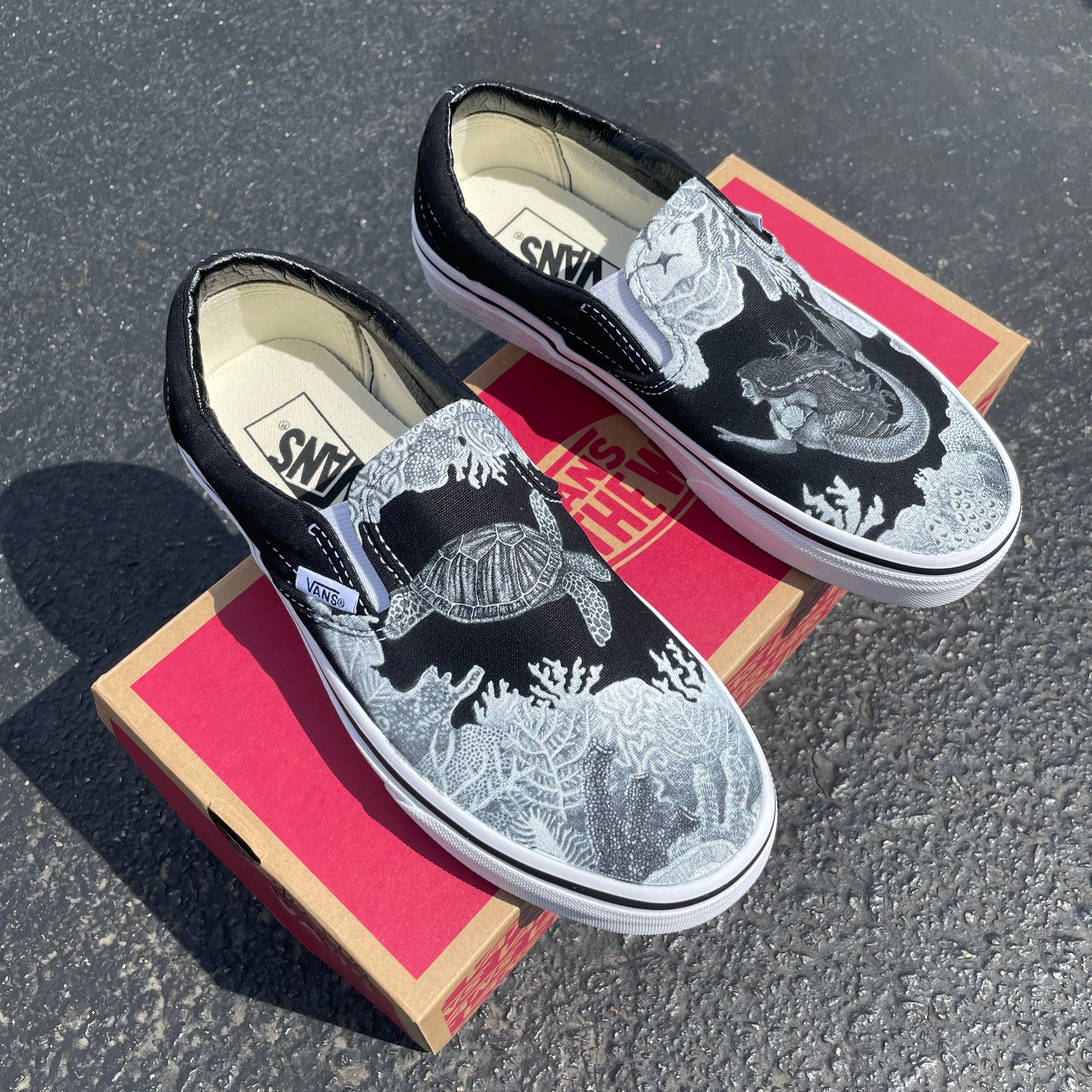 Dream of a Reef Slip On Vans - Black & White Vans - Custom Vans Shoes