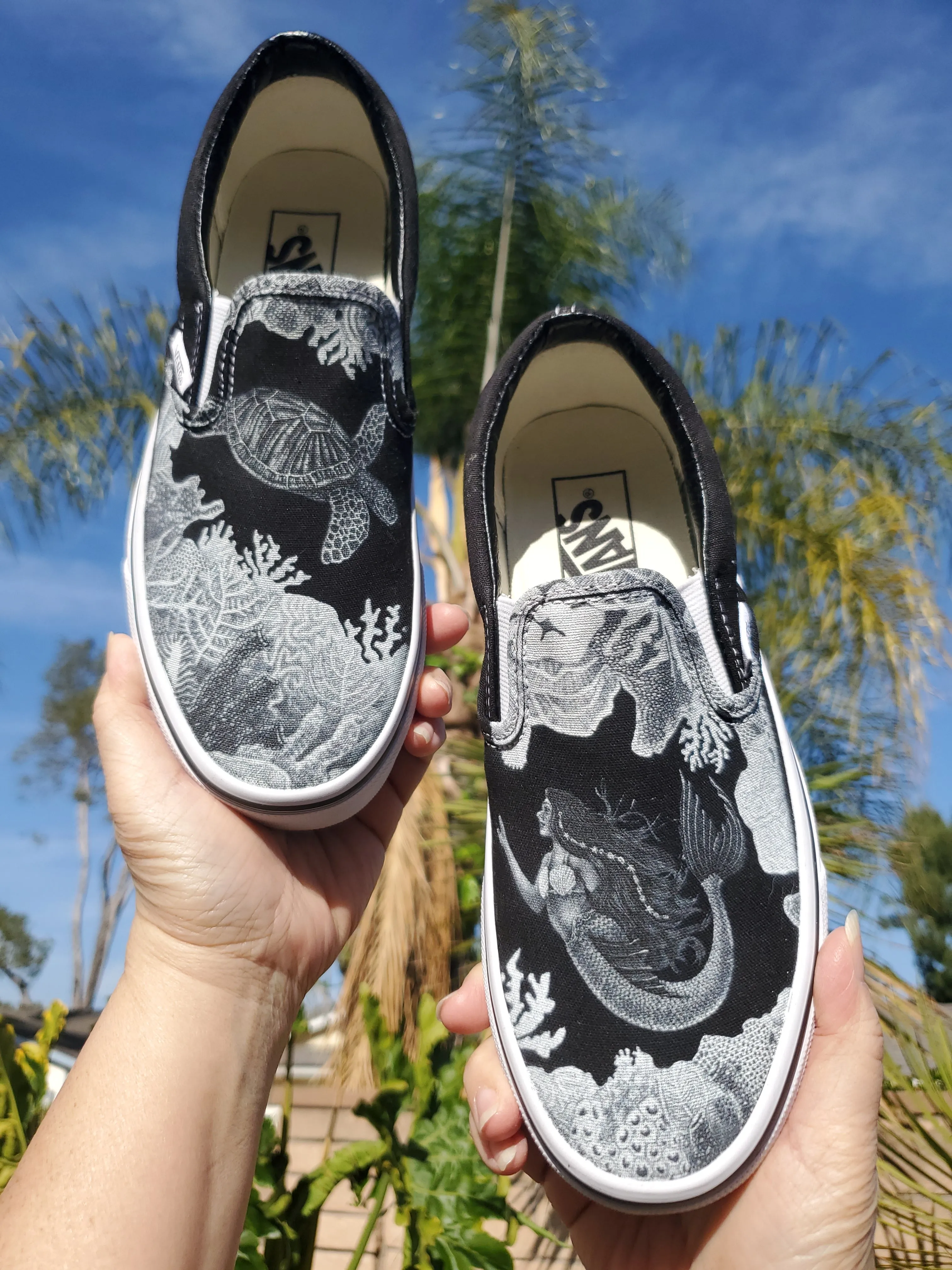 Dream of a Reef Slip On Vans - Black & White Vans - Custom Vans Shoes