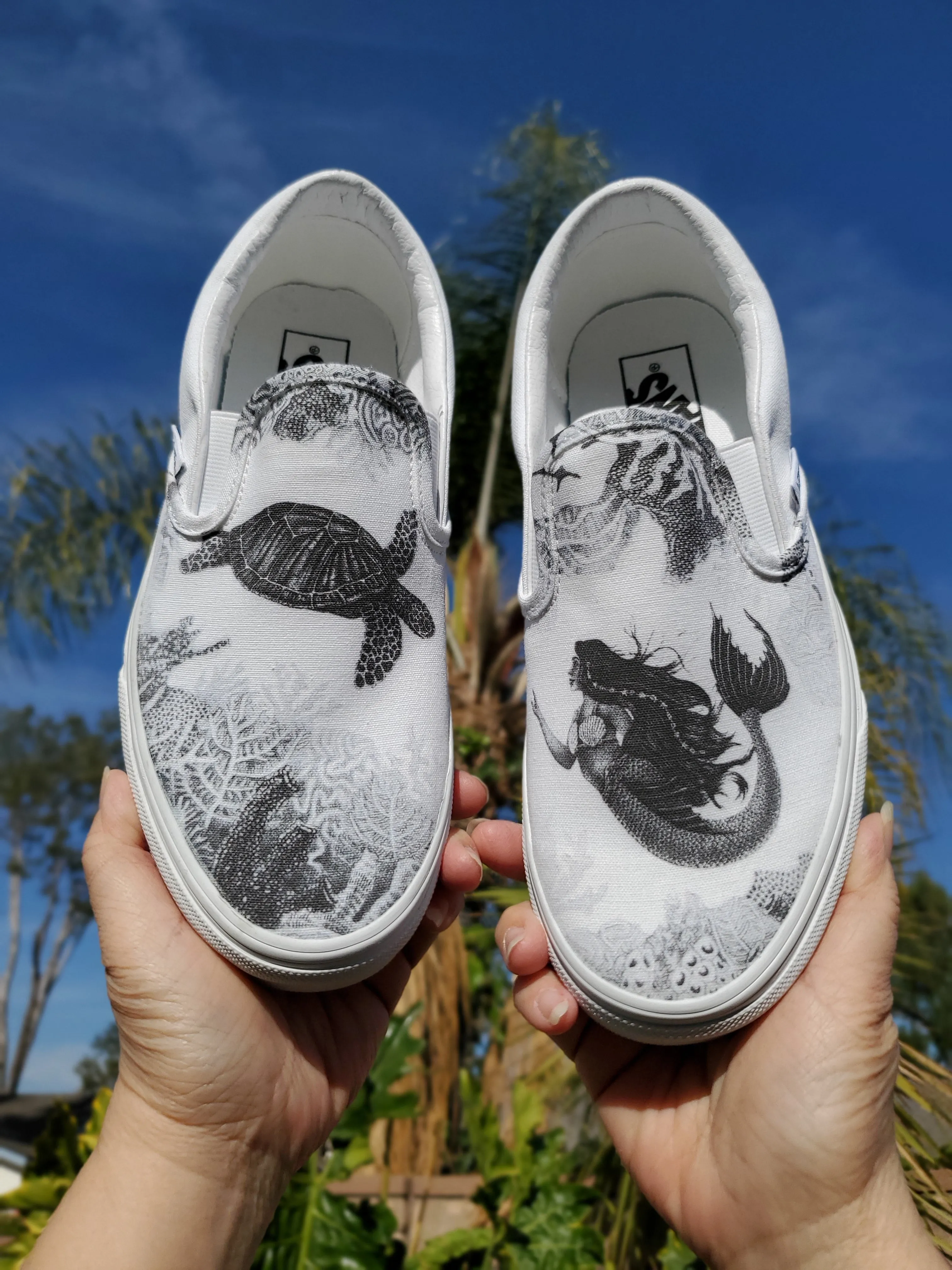 Dream of a Reef Slip On Vans - Black & White Vans - Custom Vans Shoes