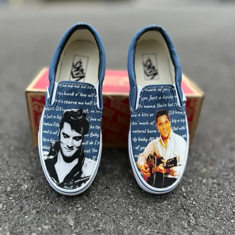 Elvis Presley Custom Shoes - Navy Slip On Vans