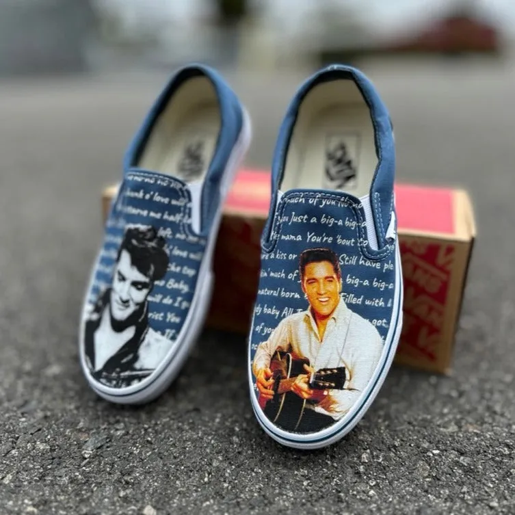 Elvis Presley Custom Shoes - Navy Slip On Vans