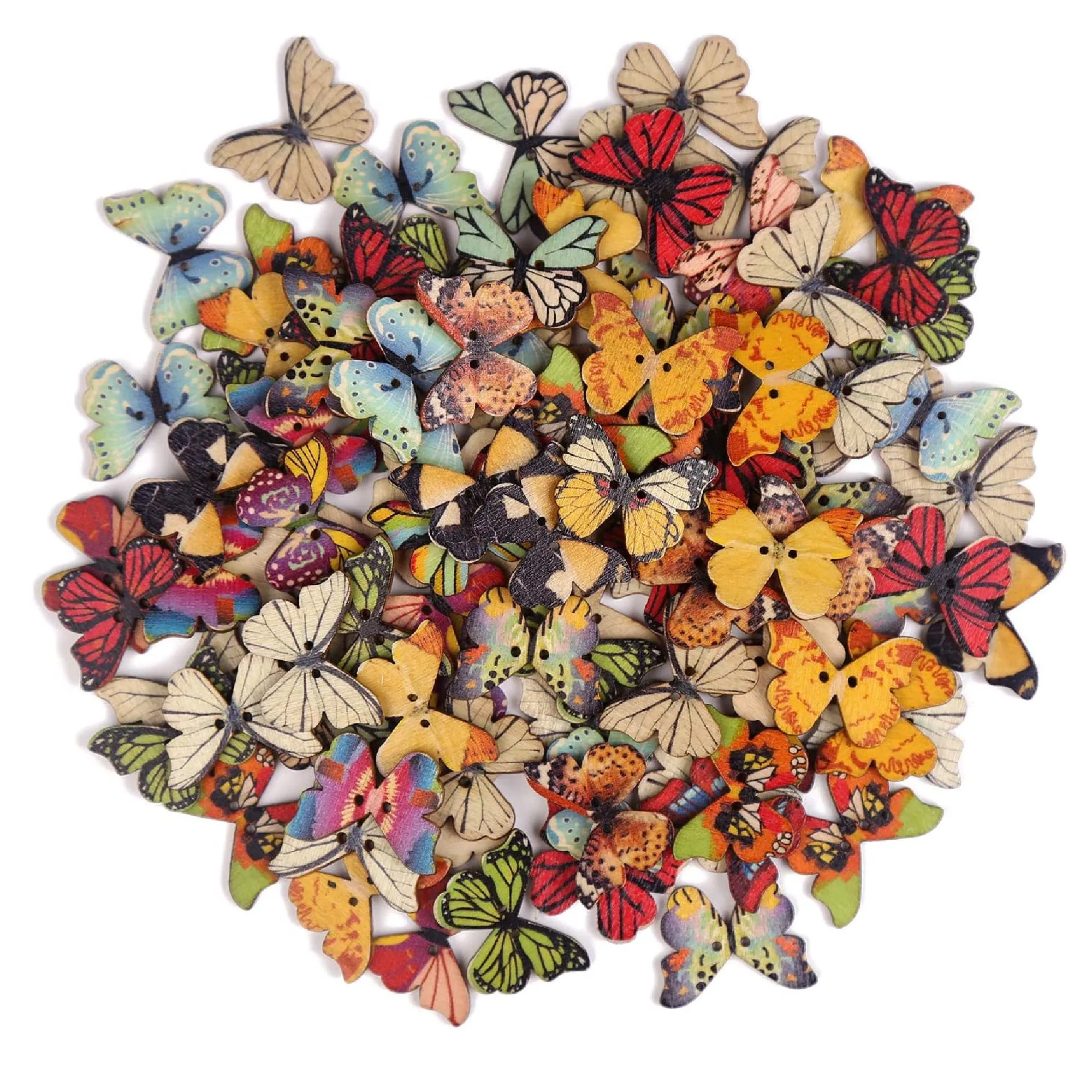 FINGOOO 100 PCS Butterfly Wooden Buttons | 1 Inch Colorful 2 Holes Mixed Decorative Buttons