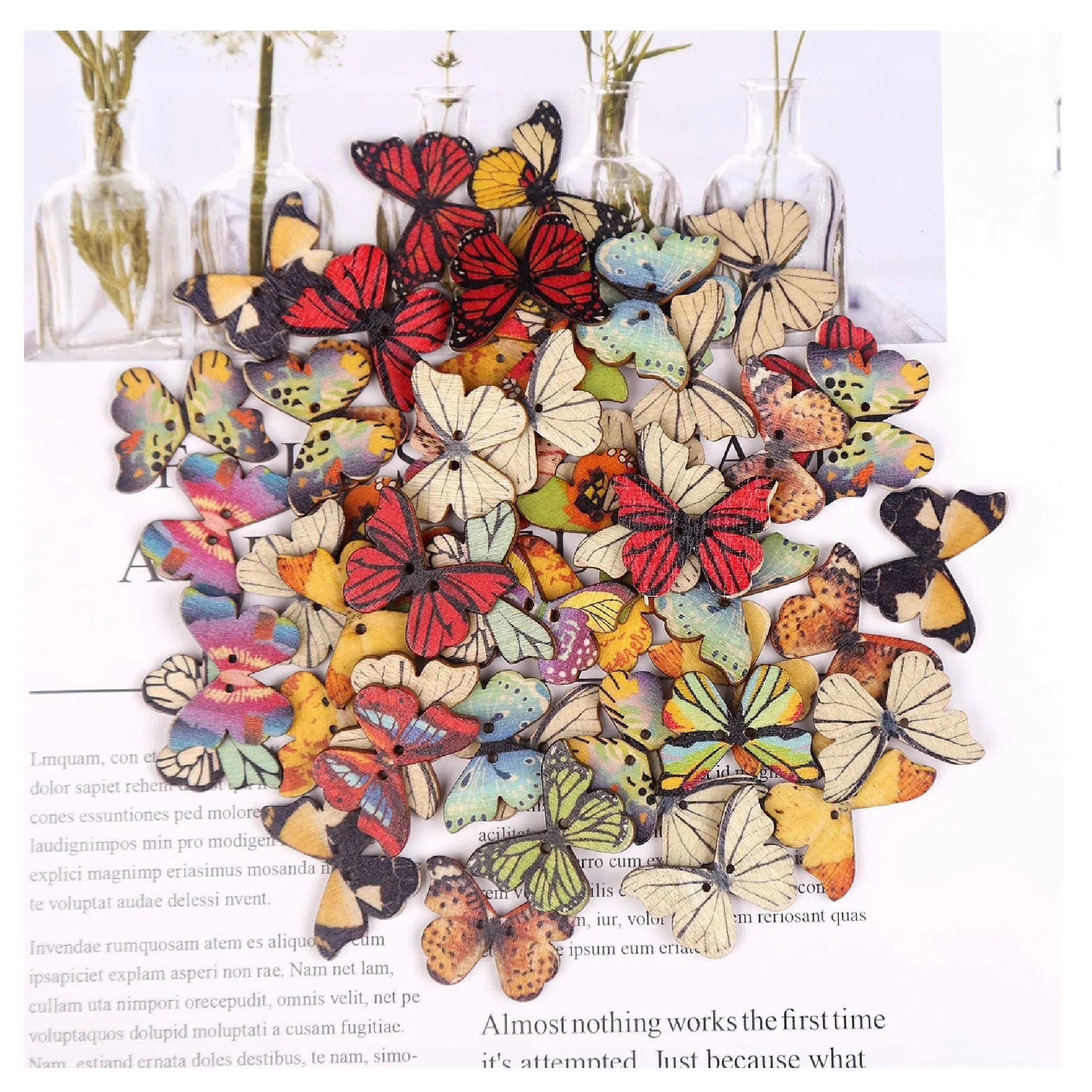 FINGOOO 100 PCS Butterfly Wooden Buttons | 1 Inch Colorful 2 Holes Mixed Decorative Buttons