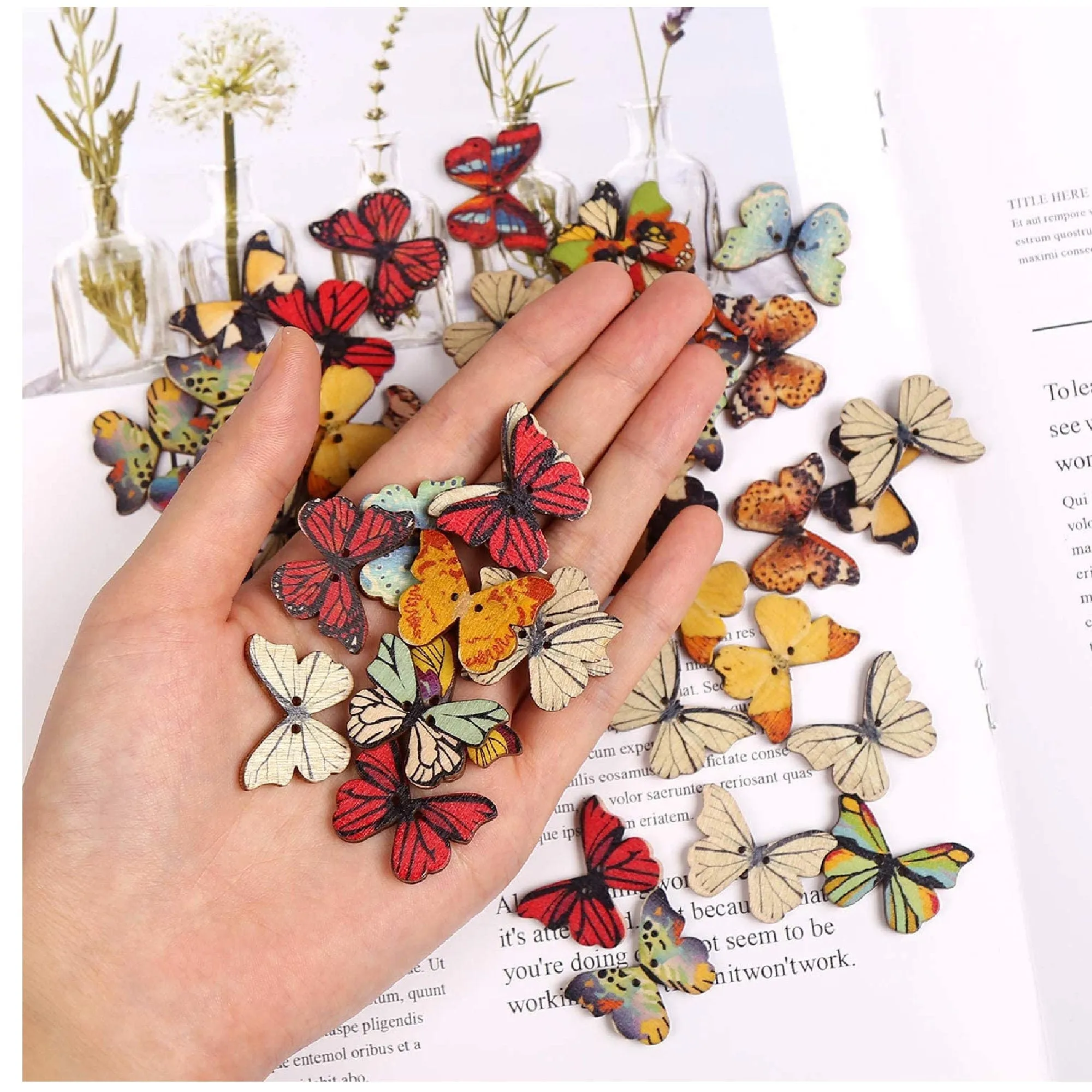 FINGOOO 100 PCS Butterfly Wooden Buttons | 1 Inch Colorful 2 Holes Mixed Decorative Buttons