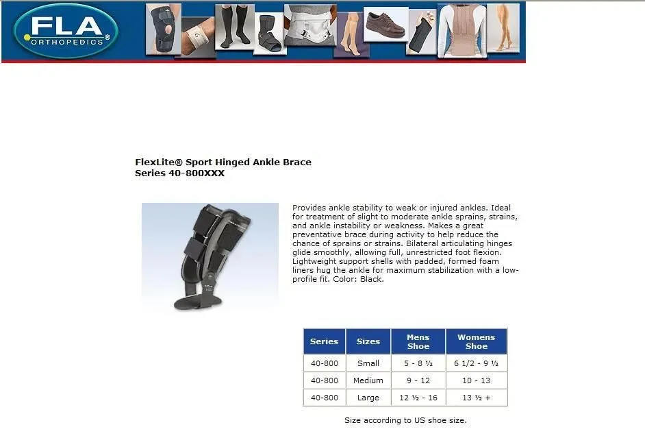 FLEXLITE SPORT ARTICULATING HINGED ANKLE BRACE BLACK Large- Clearance