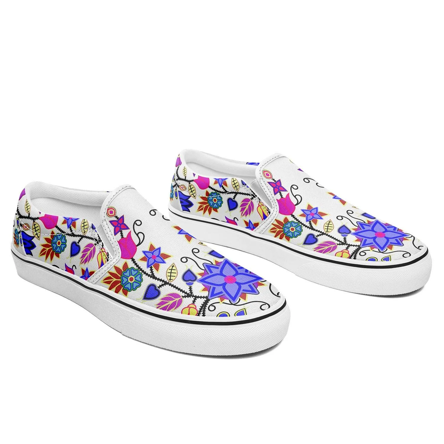 Floral Beadwork Seven Clans White Otoyimm Kid's Canvas Slip On Shoes