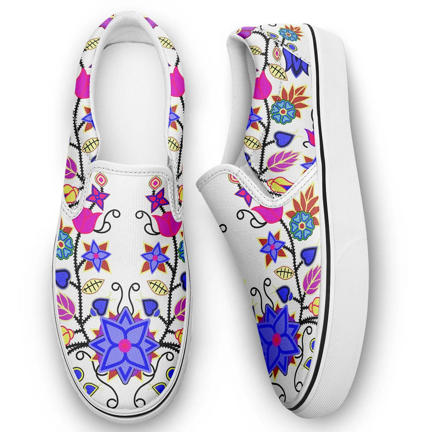 Floral Beadwork Seven Clans White Otoyimm Kid's Canvas Slip On Shoes