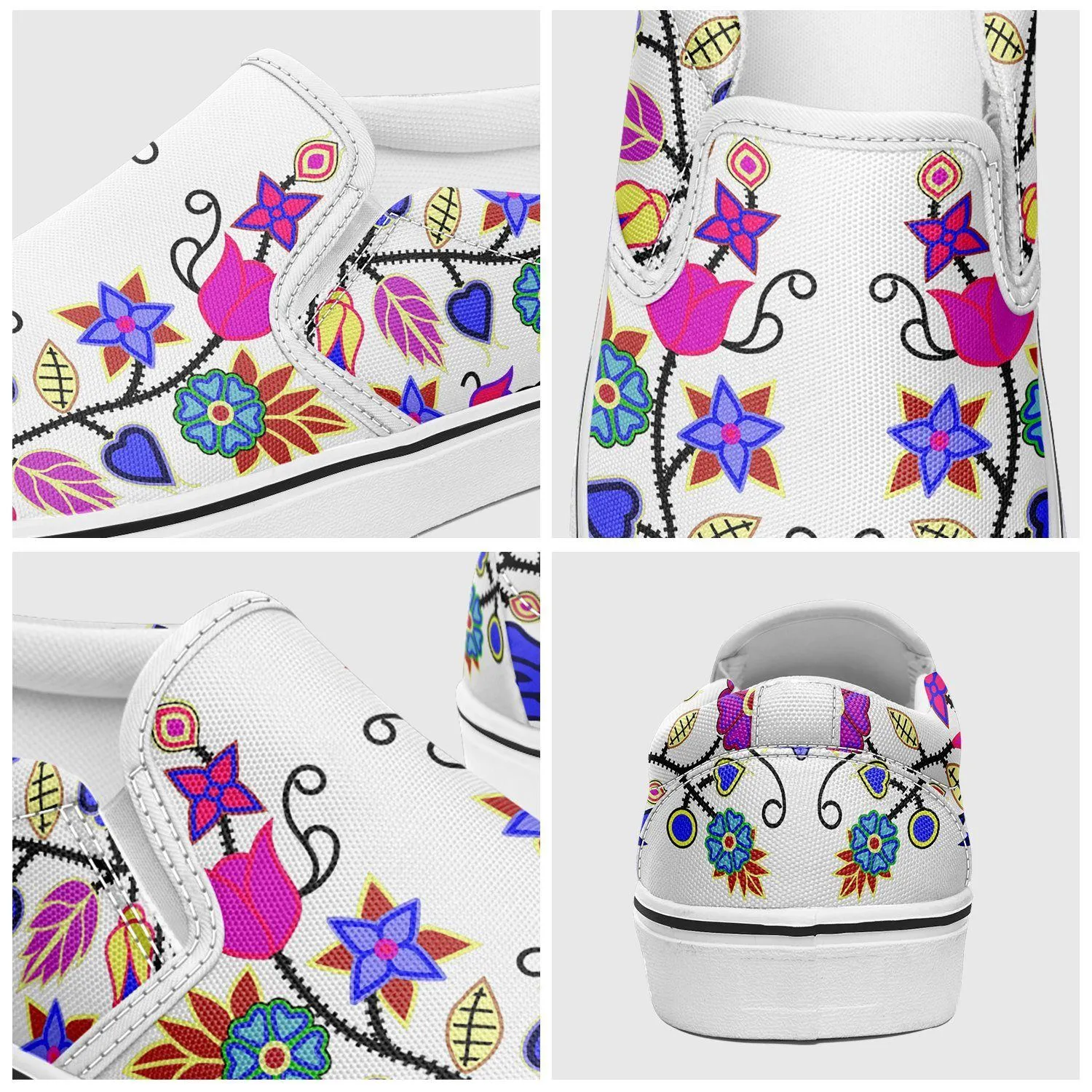 Floral Beadwork Seven Clans White Otoyimm Kid's Canvas Slip On Shoes