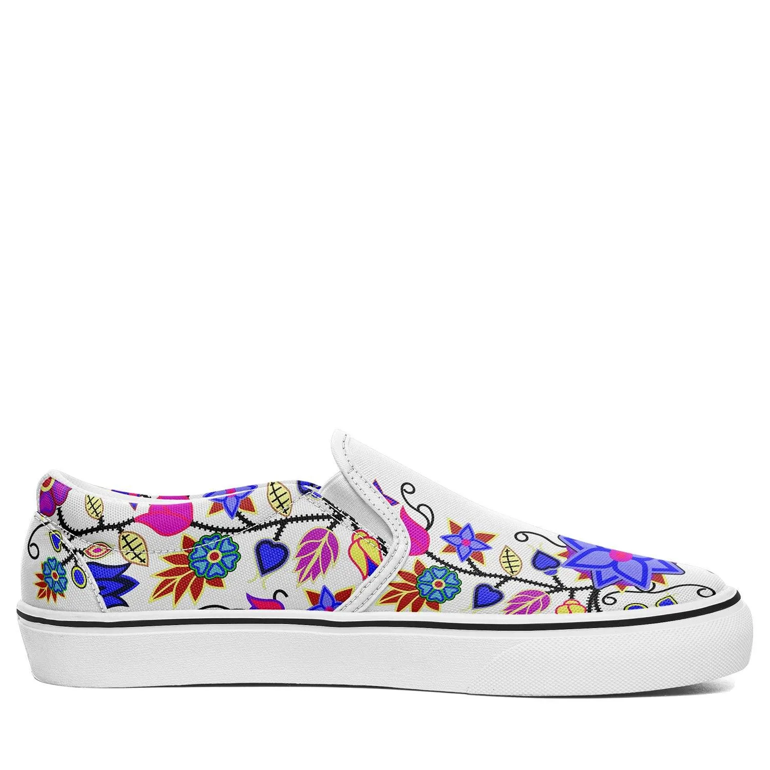 Floral Beadwork Seven Clans White Otoyimm Kid's Canvas Slip On Shoes