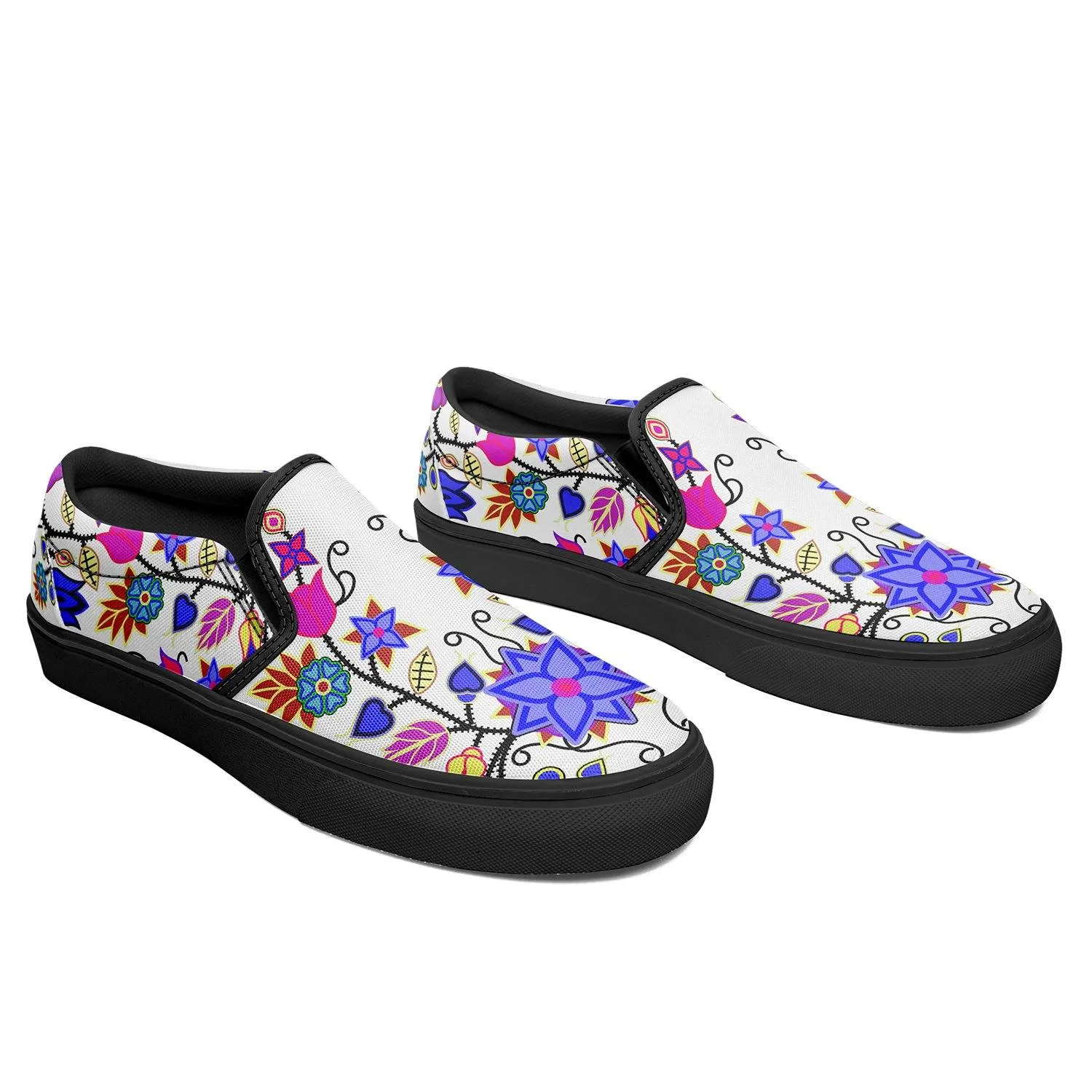 Floral Beadwork Seven Clans White Otoyimm Kid's Canvas Slip On Shoes