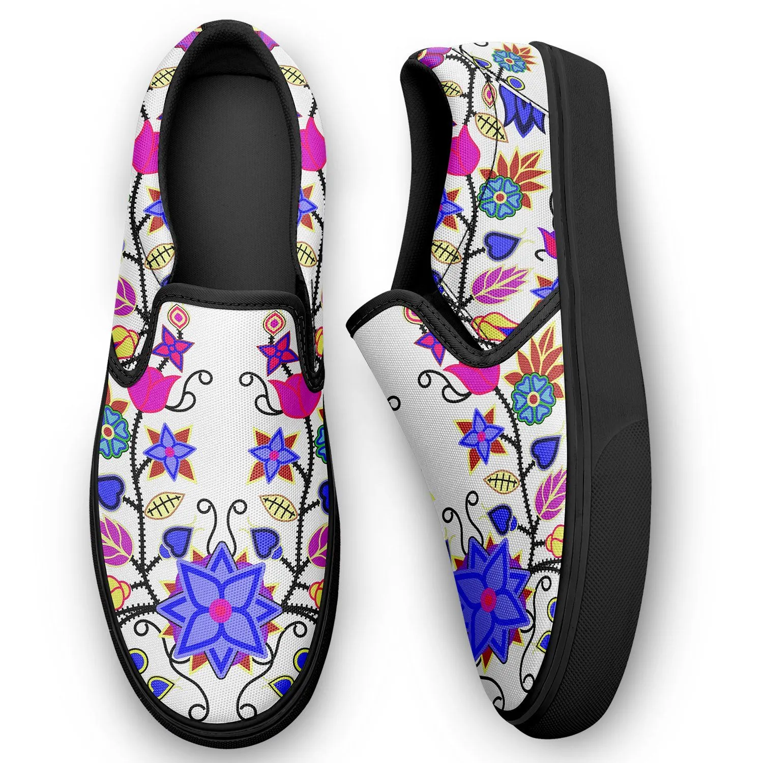 Floral Beadwork Seven Clans White Otoyimm Kid's Canvas Slip On Shoes