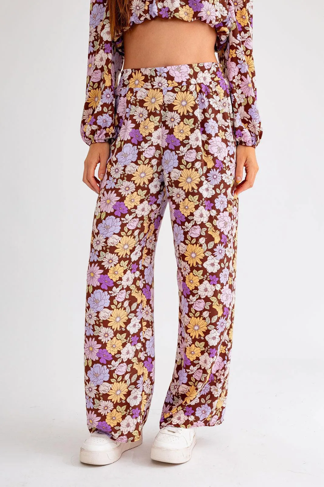 Floral Long Sleeve Crop Top & Wide Leg Pants Set