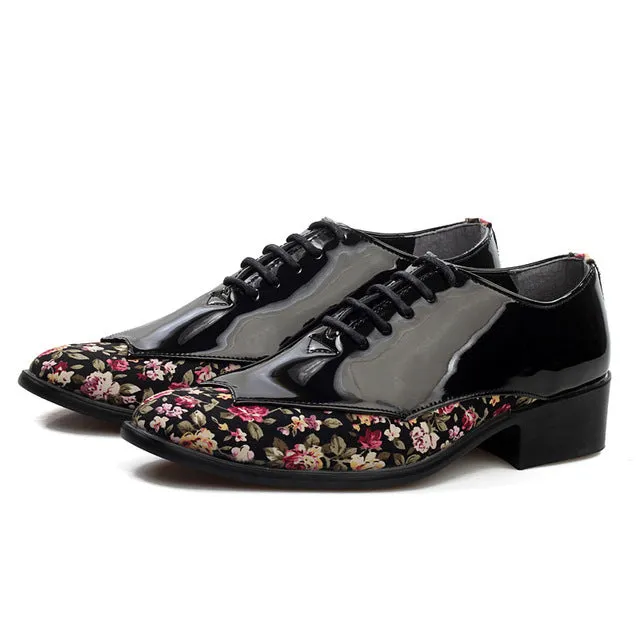 Floral Pointed Toe Oxford Patent Leather Shoes