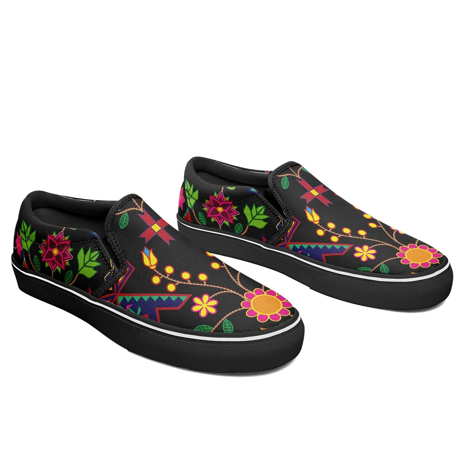 Geometric Floral Spring Black Otoyimm Kid's Canvas Slip On Shoes