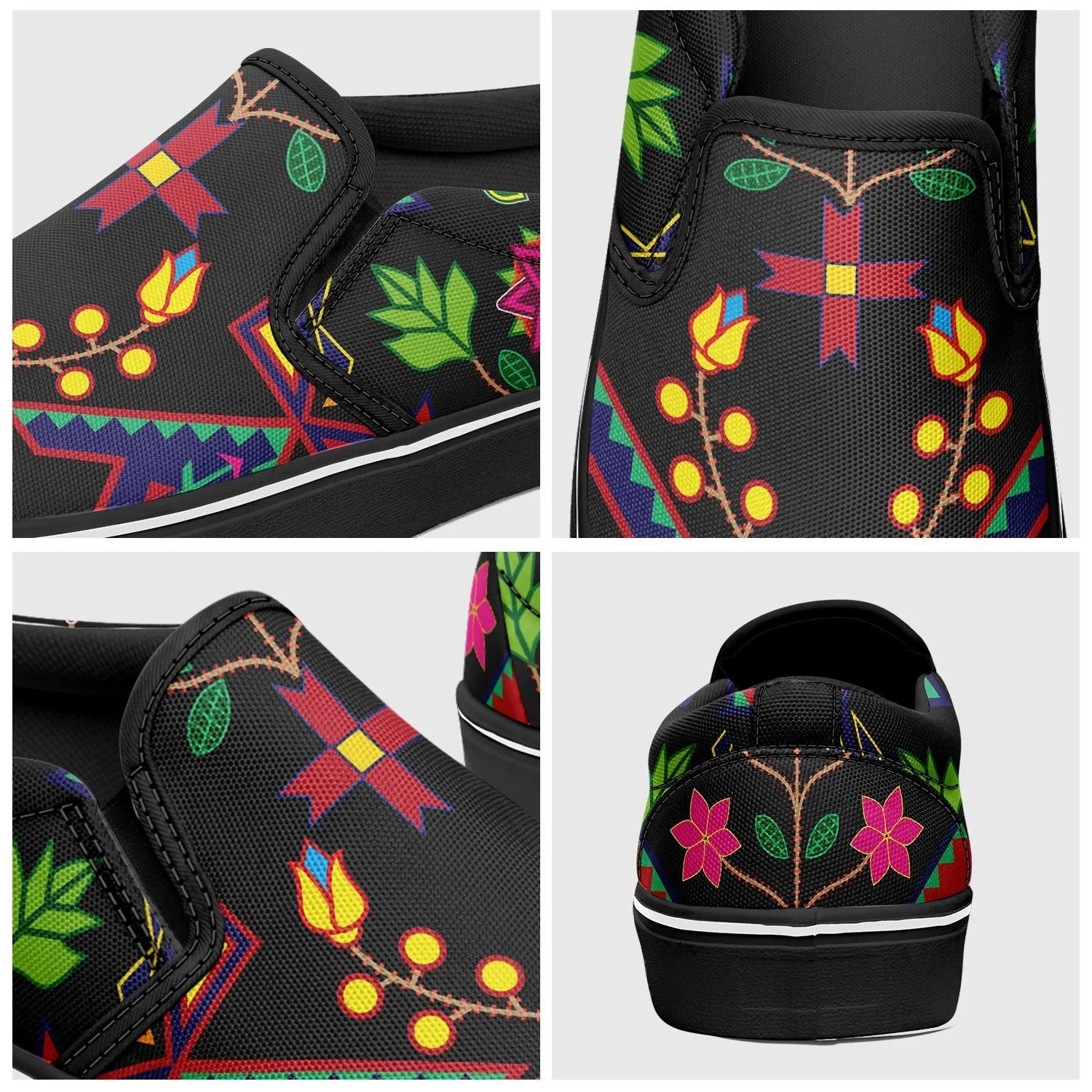 Geometric Floral Spring Black Otoyimm Kid's Canvas Slip On Shoes