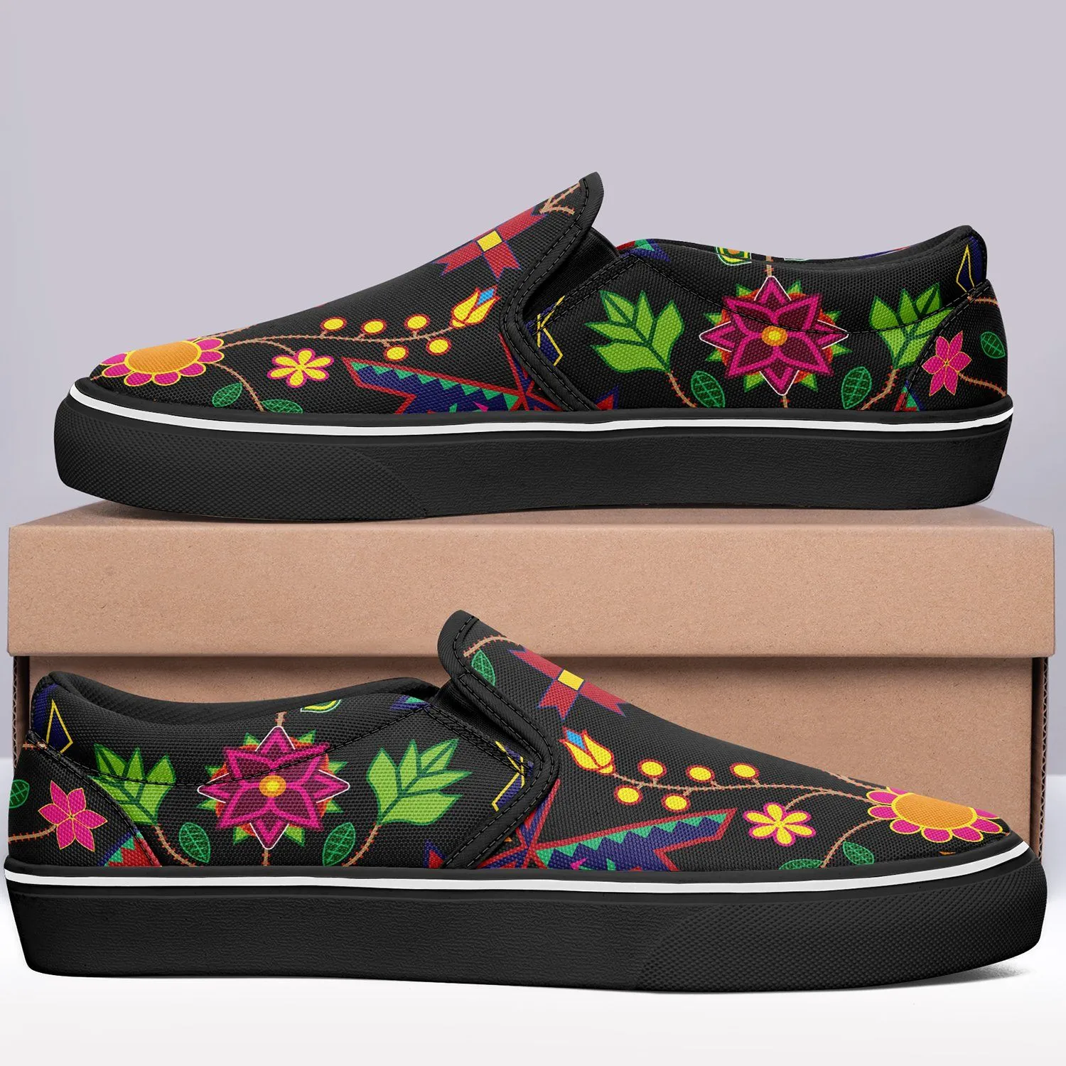 Geometric Floral Spring Black Otoyimm Kid's Canvas Slip On Shoes