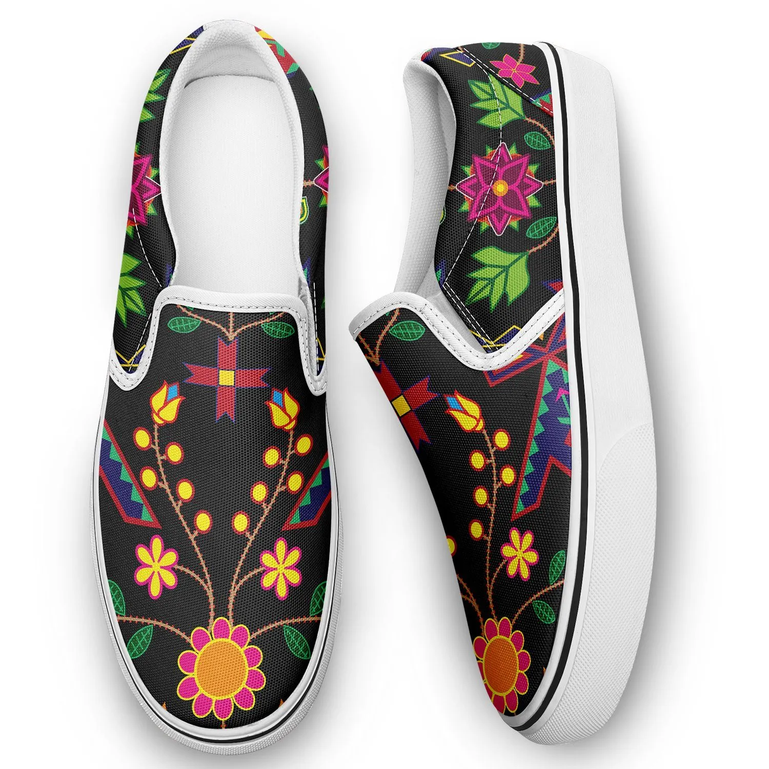 Geometric Floral Spring Black Otoyimm Kid's Canvas Slip On Shoes