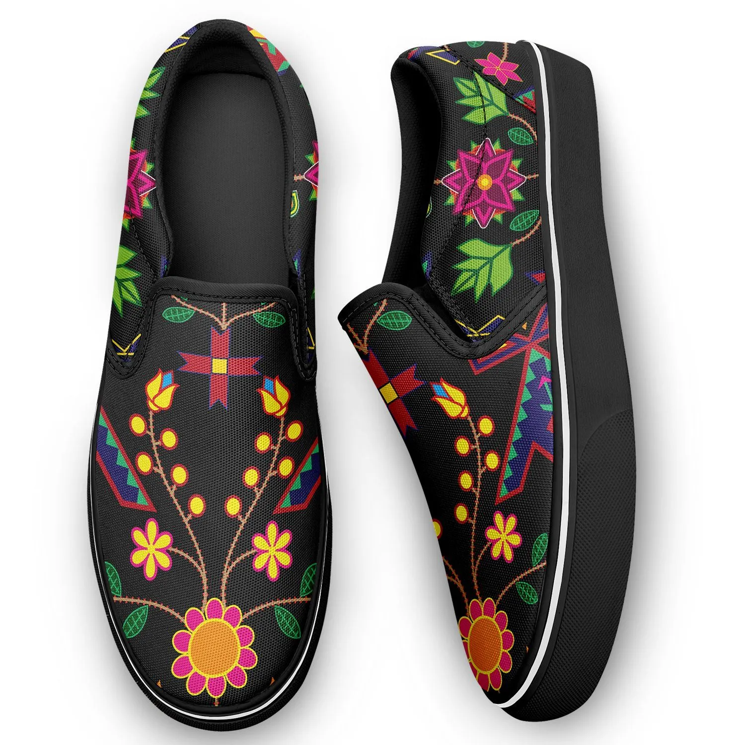 Geometric Floral Spring Black Otoyimm Kid's Canvas Slip On Shoes