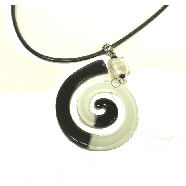 Giant Finite Swirl Glass Pendant Necklace Black White Tili Glass