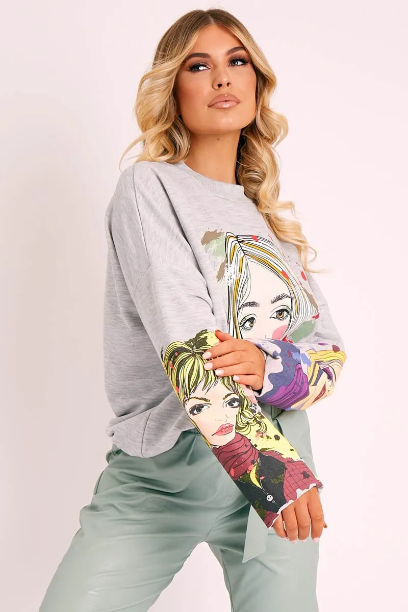 Grey Illustration Graphic Print Sweatshirt - Cammie