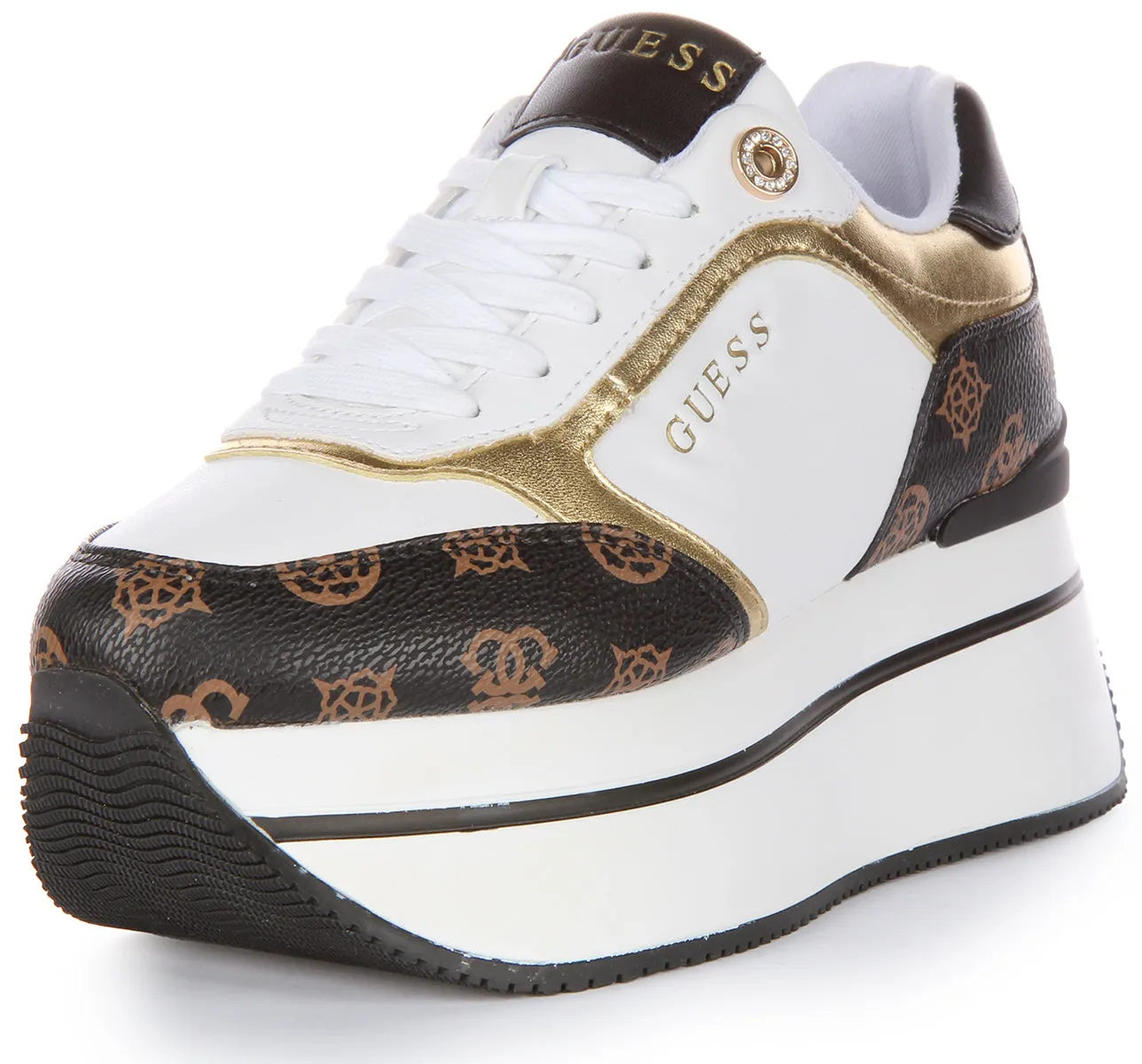 Guess Camrio Platform Trainers In White Brown For Women