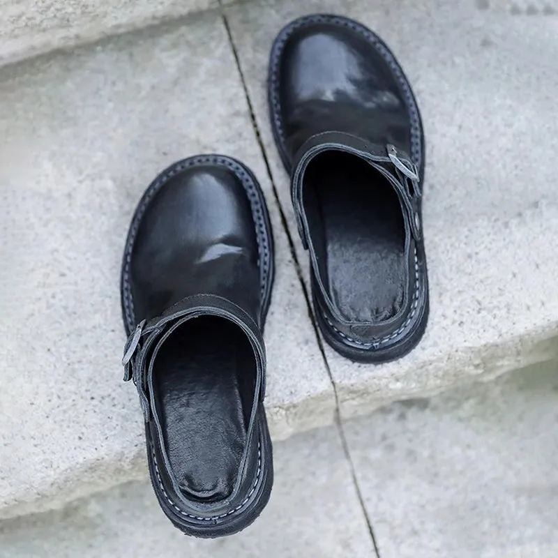 Hand Stitching Horse Leather Slippers with Buckle in Red/Black