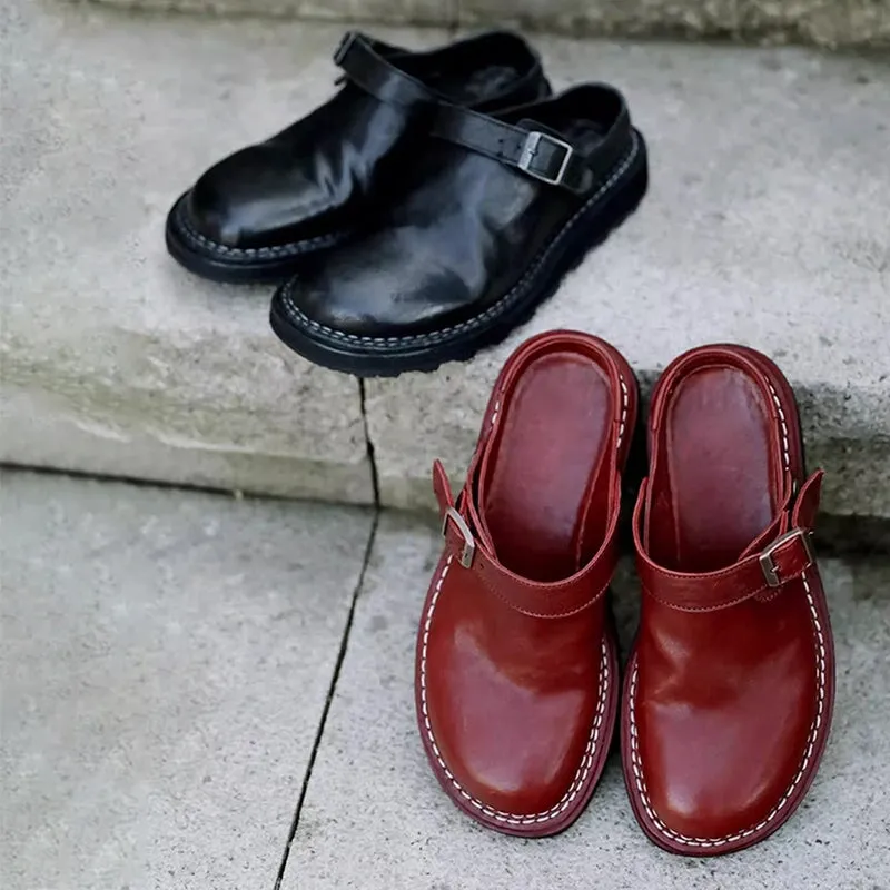 Hand Stitching Horse Leather Slippers with Buckle in Red/Black