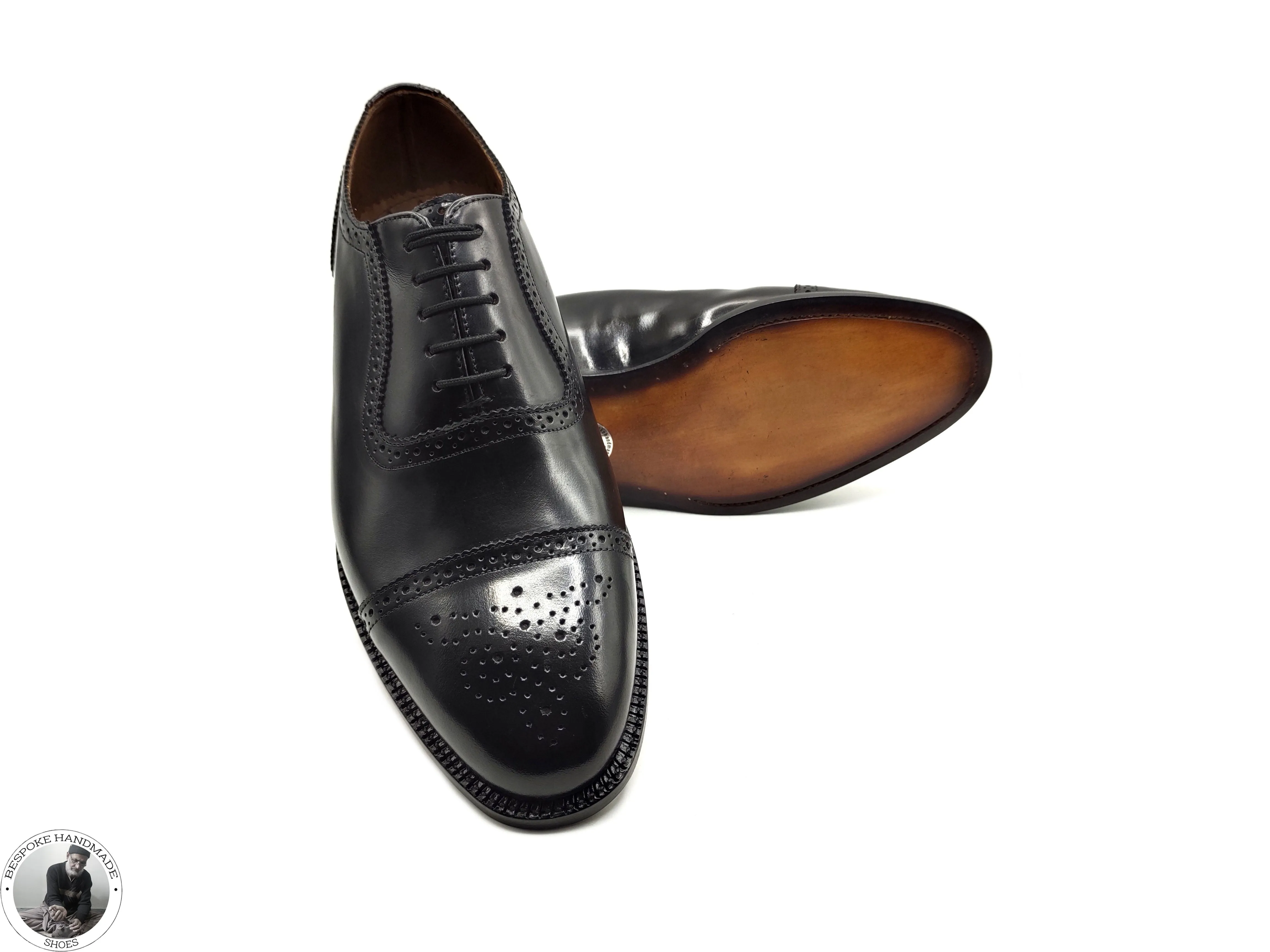 Handcrafted Formal Shoes, Pure Black Leather Oxford Lace Up Toe Cap Casual Shoes