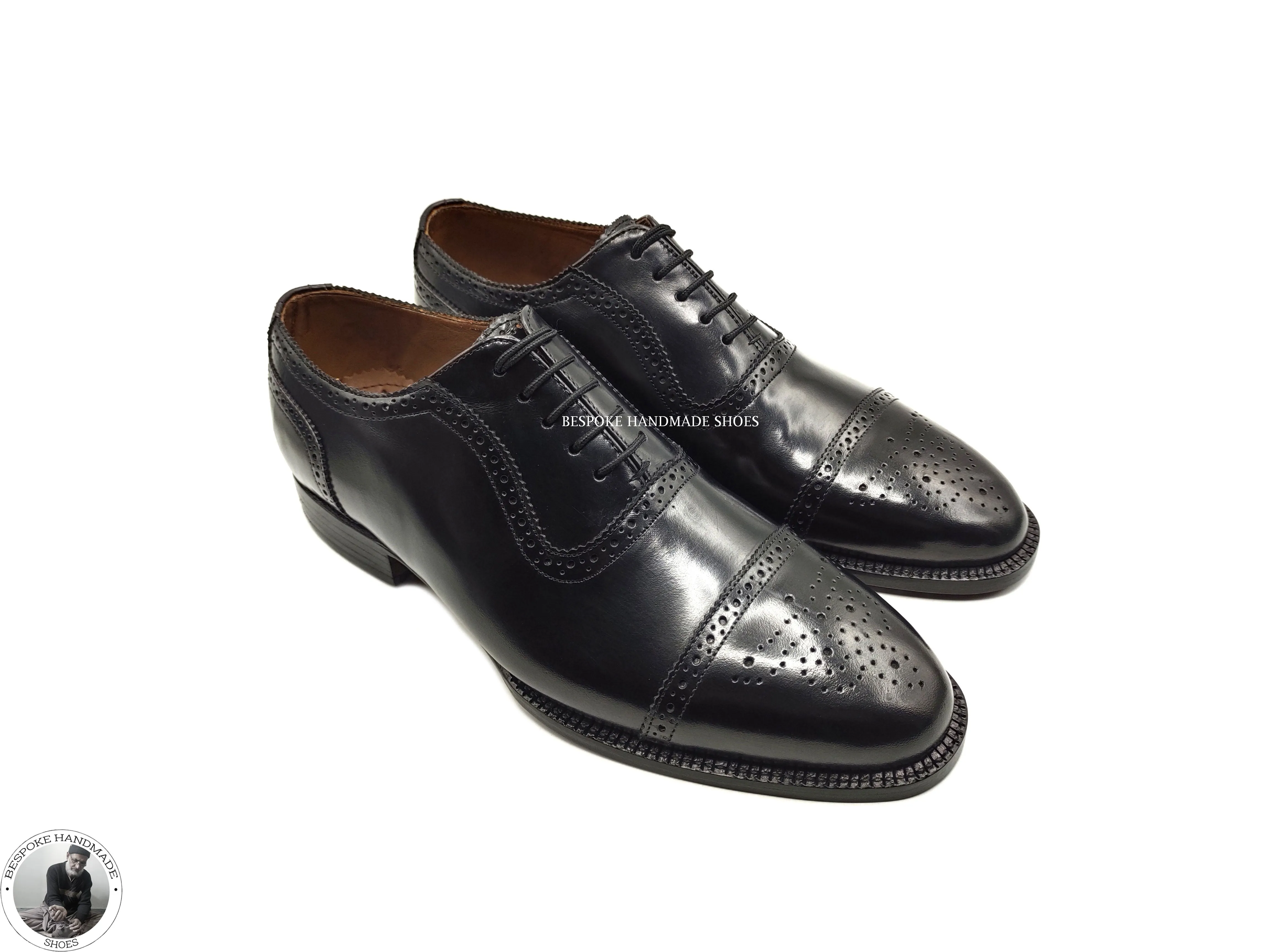 Handcrafted Formal Shoes, Pure Black Leather Oxford Lace Up Toe Cap Casual Shoes