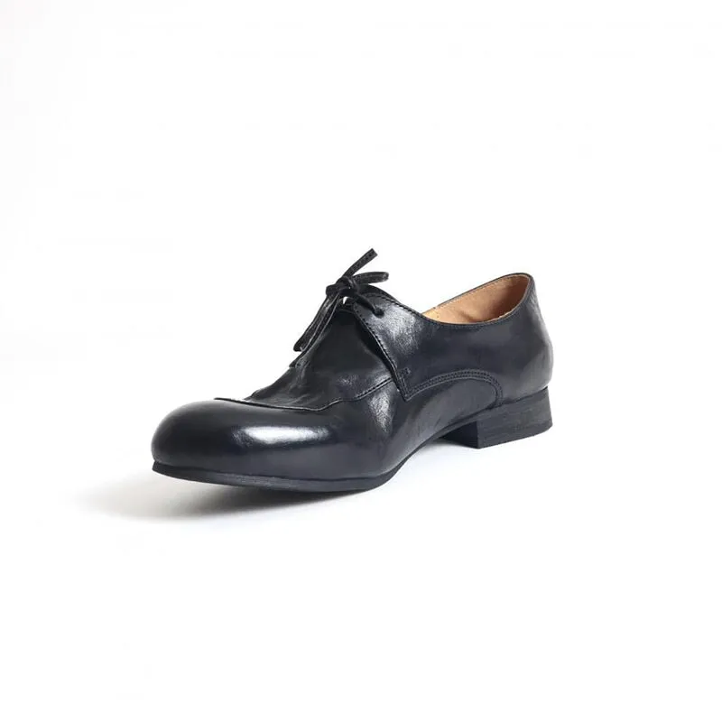 Handmade Leather Lace Up Derby Shoes For Women Soft Oxfords&Tie Shoes in Black