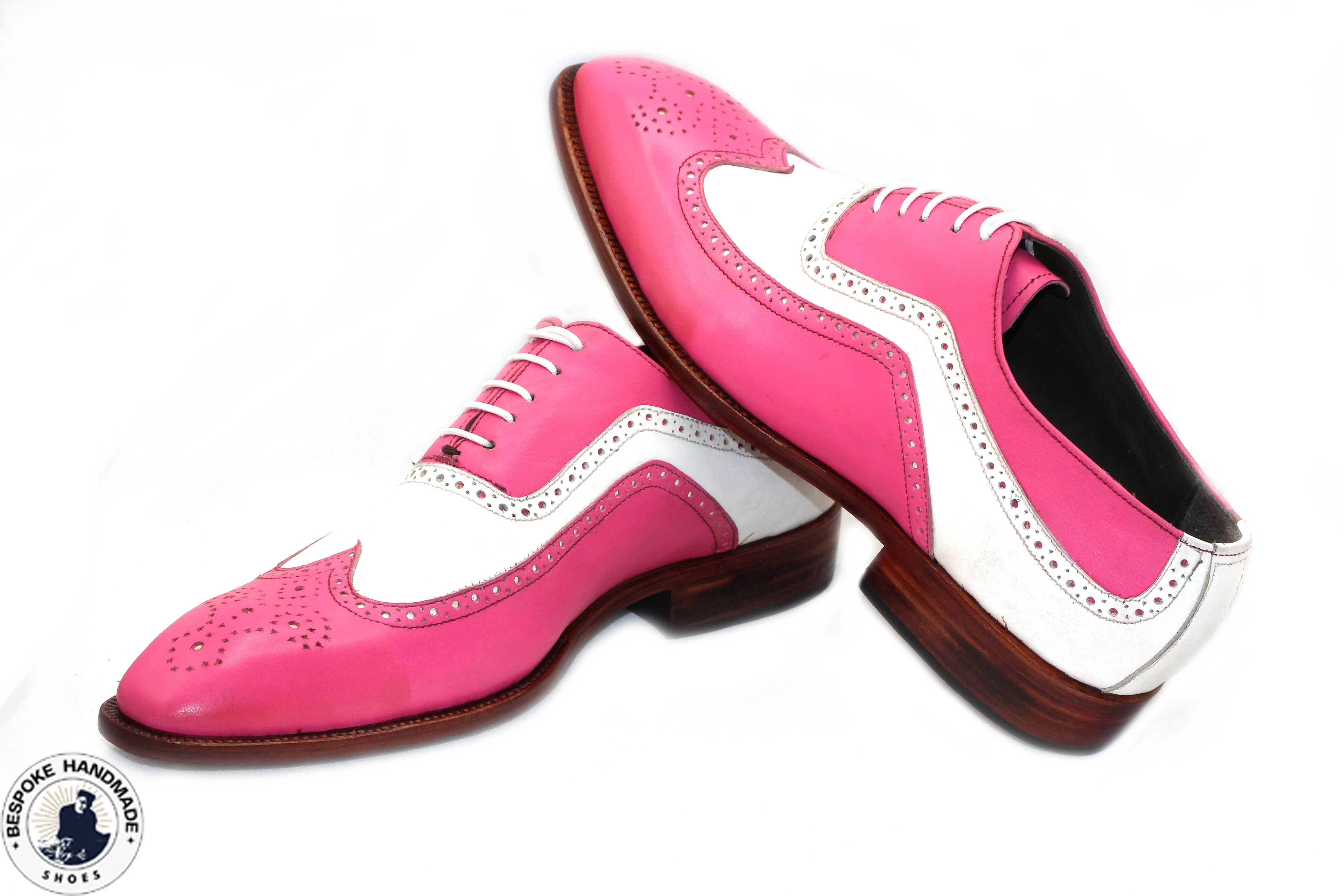 Handmade Lovely Design Two Tone Pink, White Leather Wingtip Shoes, Oxford Brogue Casual Shoes