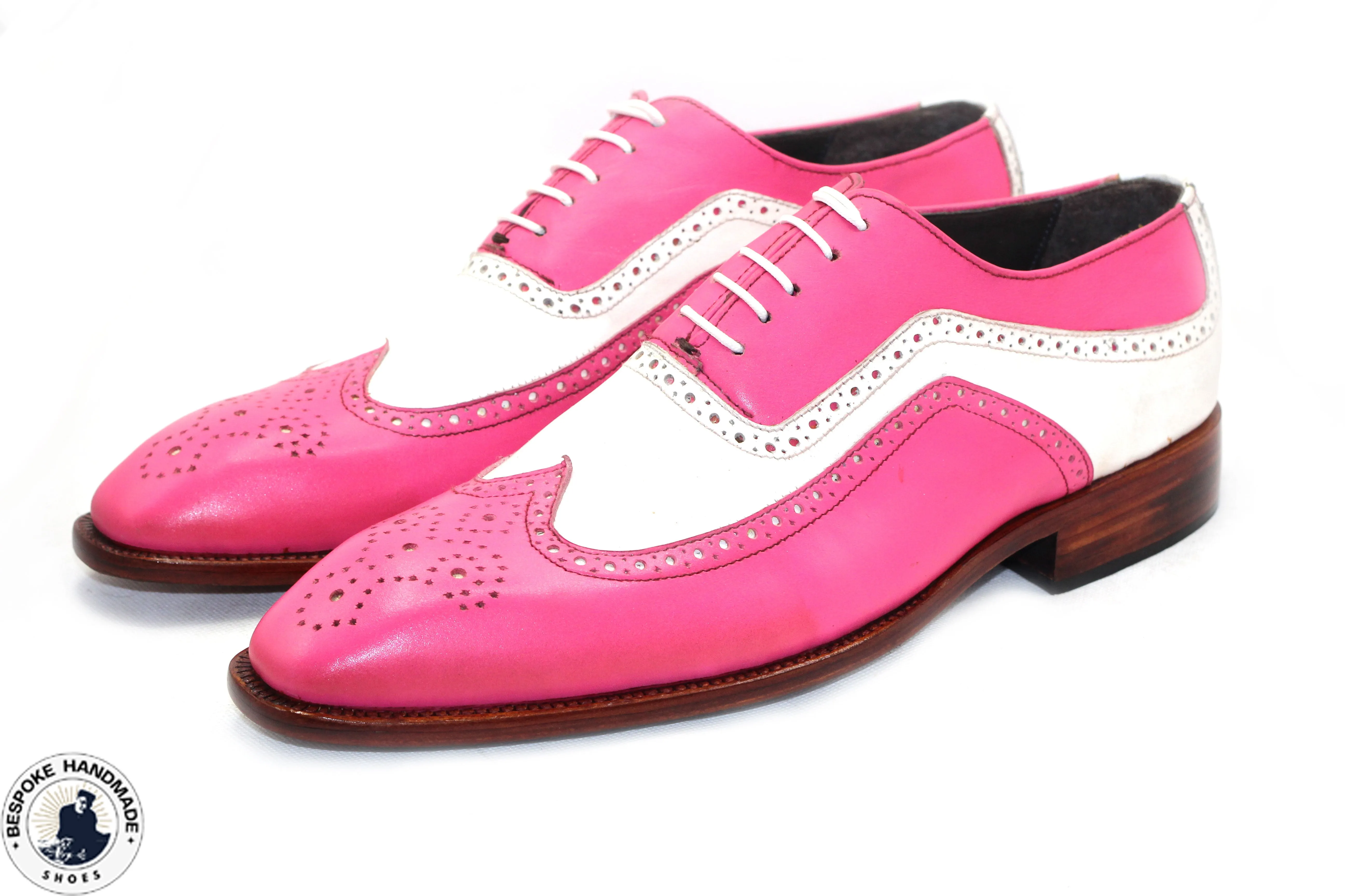 Handmade Lovely Design Two Tone Pink, White Leather Wingtip Shoes, Oxford Brogue Casual Shoes