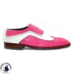 Handmade Lovely Design Two Tone Pink, White Leather Wingtip Shoes, Oxford Brogue Casual Shoes