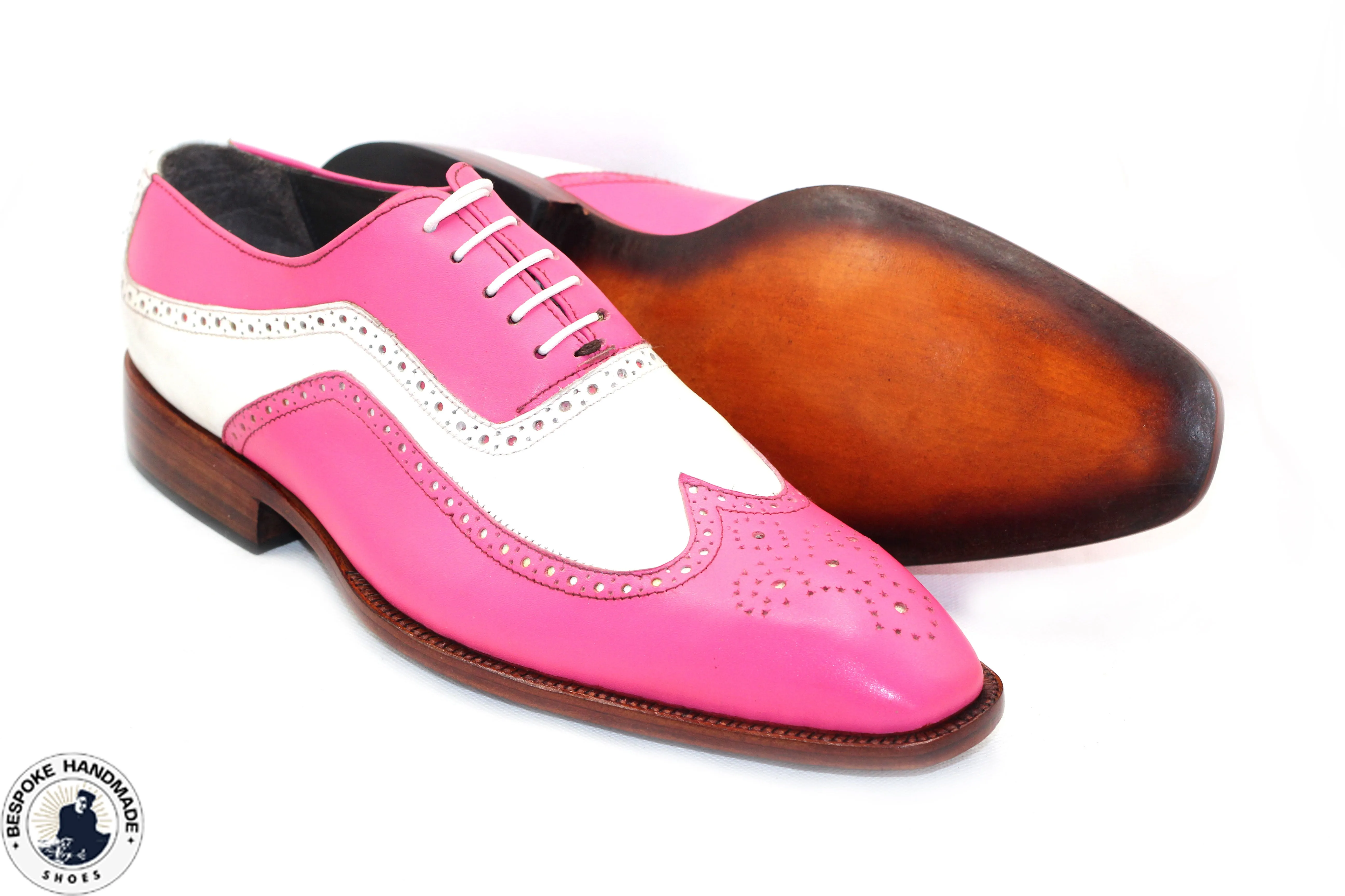 Handmade Lovely Design Two Tone Pink, White Leather Wingtip Shoes, Oxford Brogue Casual Shoes