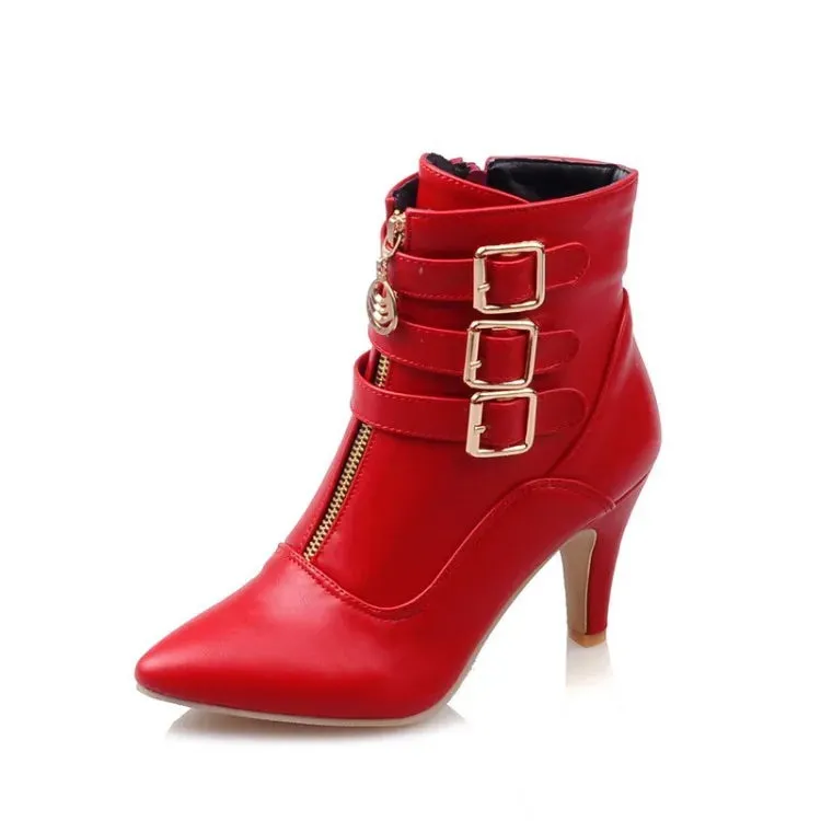 High Heel Ankle Boots Pointed Toe Buckle Ladies Shoes