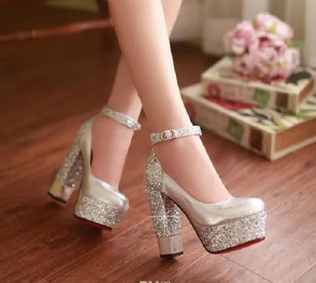 High-heeled shoes Sparkle Bling  Wedding Shoes For Women With High Platform and Ankle Strap